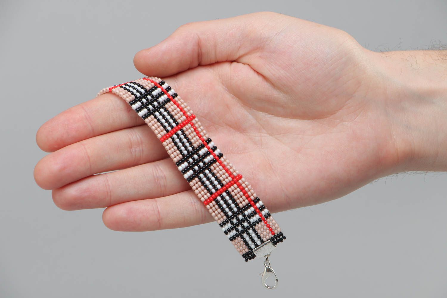 Handmade beaded woven checkered bracelet wide accessory in Scottish-style photo 5