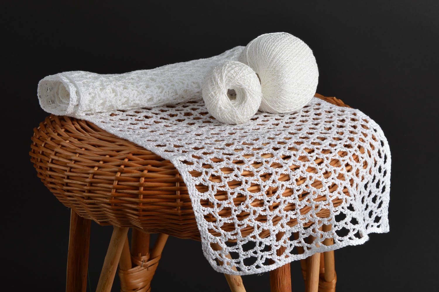 Delicate handmade rectangular white doily crocheted of cotton yarns photo 2
