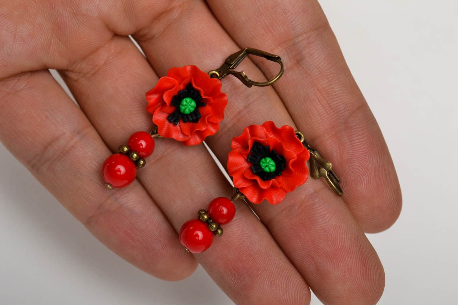 Handmade designer stylish earrings red poppies earrings elegant jewelry photo 5