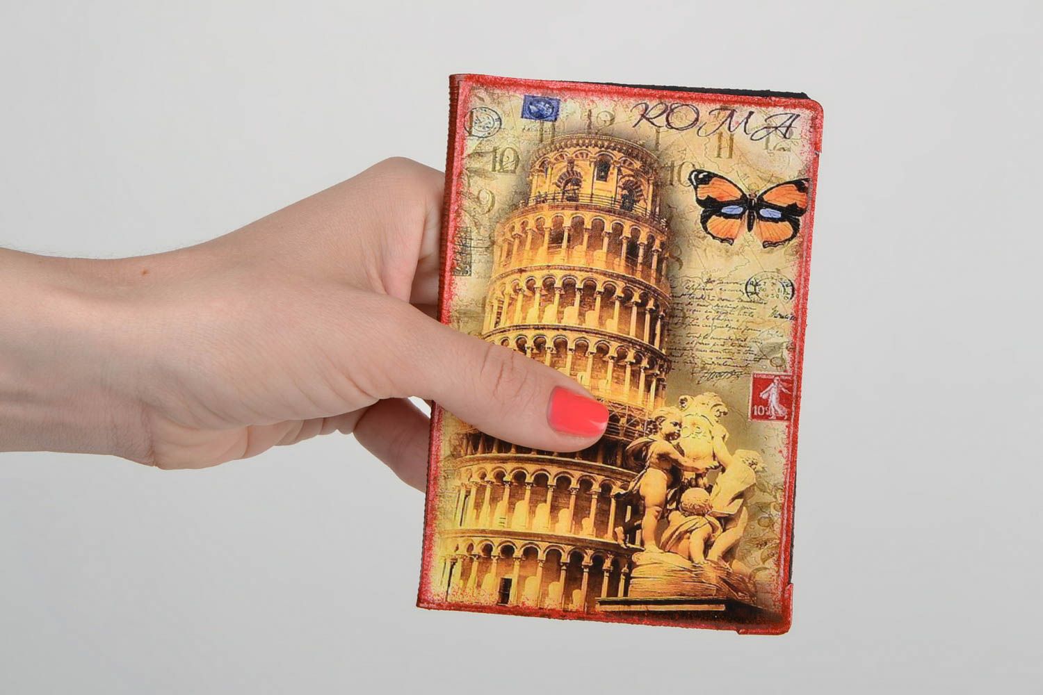 Handmade faux leather passport cover decorated with retro image decoupage Italy photo 2