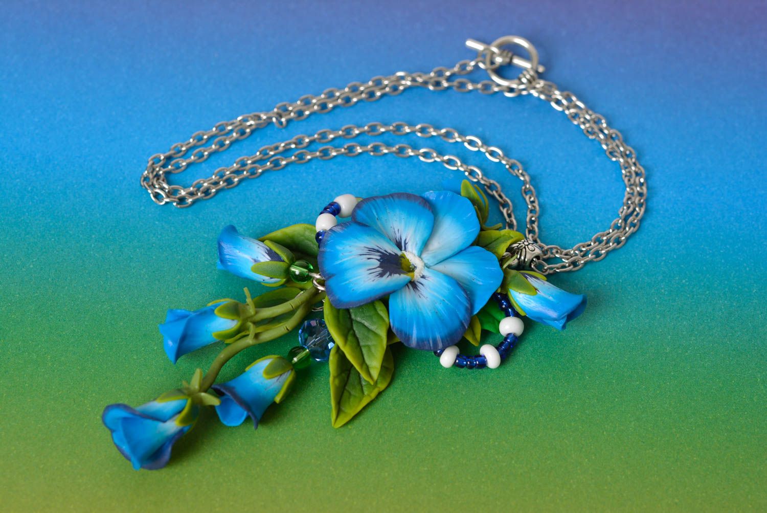 Handmade designer blue floral polymer clay pendant on metal chain photo 3