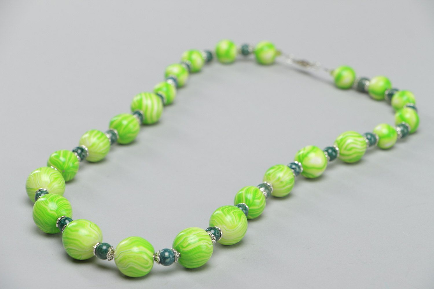 Handmade summer-like bright long polymer clay bead necklace of green color  photo 3