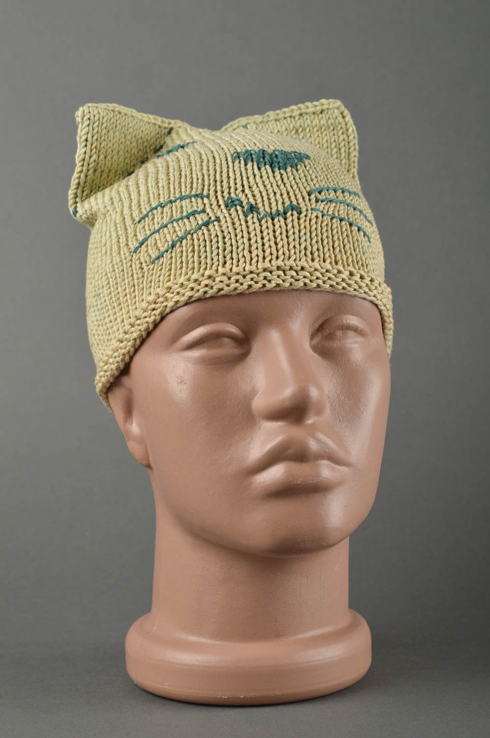 Вязаная шапка ручной работы шапка для мальчиков зимняя шапка оливковая Кот фото 1