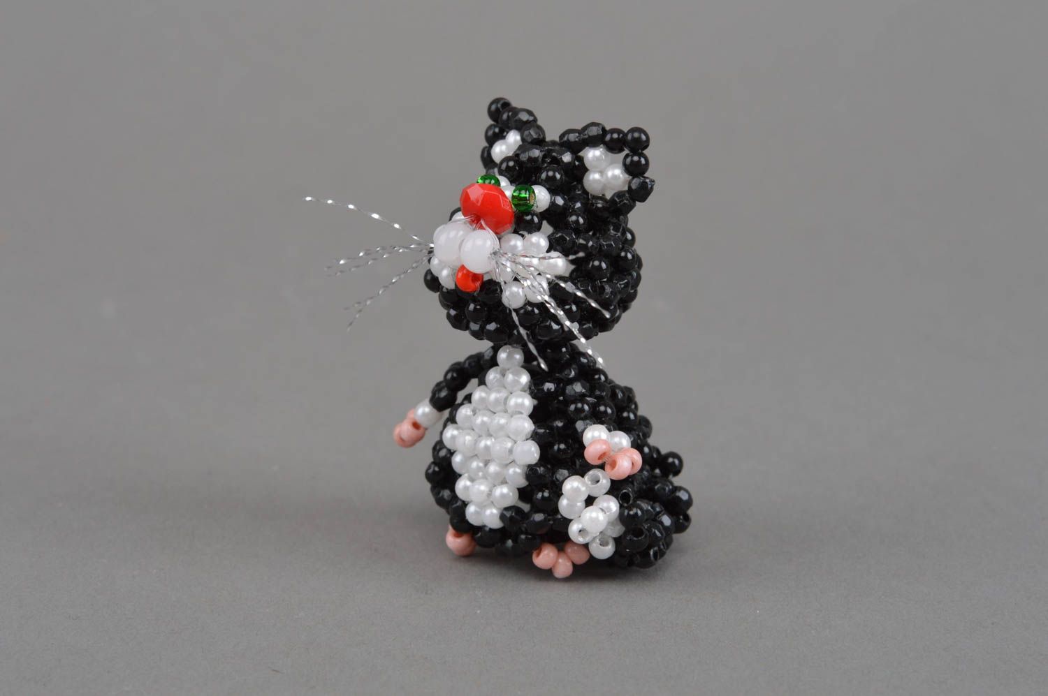 Small handmade designer woven bead figurine of black cat home interior decor photo 2