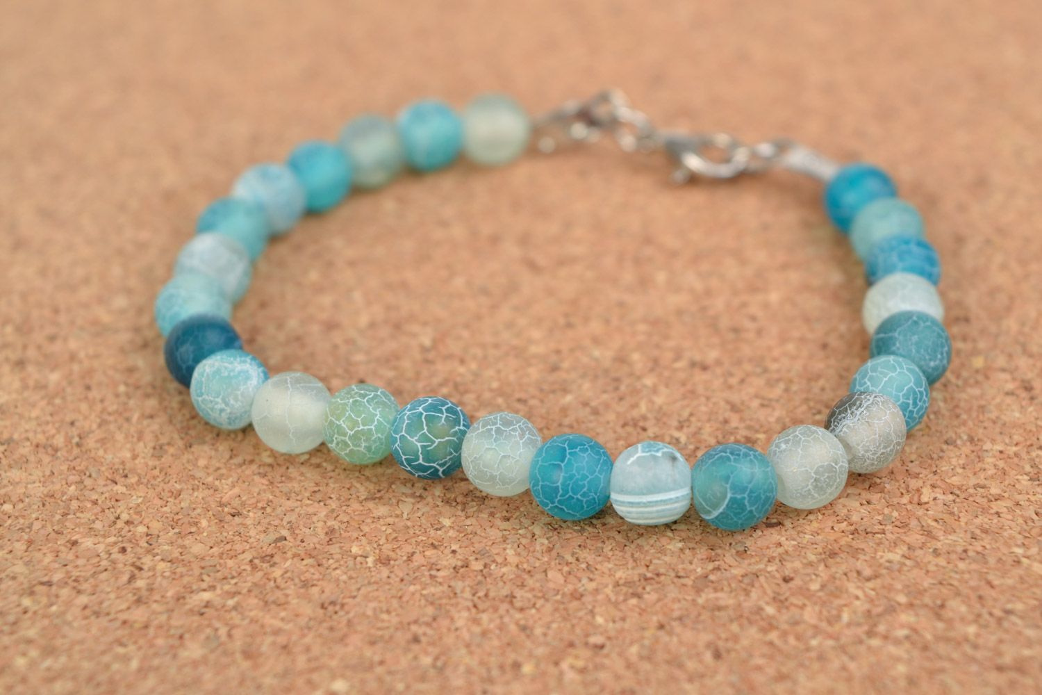 Handmade tender wrist bracelet with blue agate beads with cracks for women photo 1