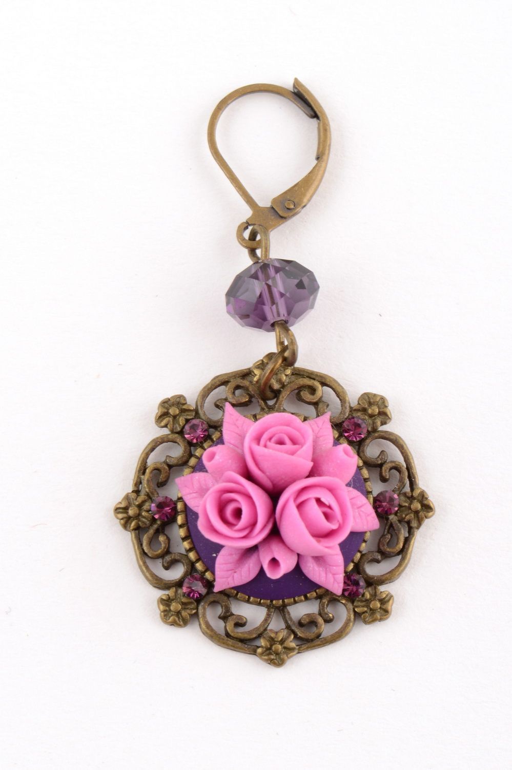 Boucles d'oreilles pendantes avec fleurs roses en pâte polymère faites main photo 2