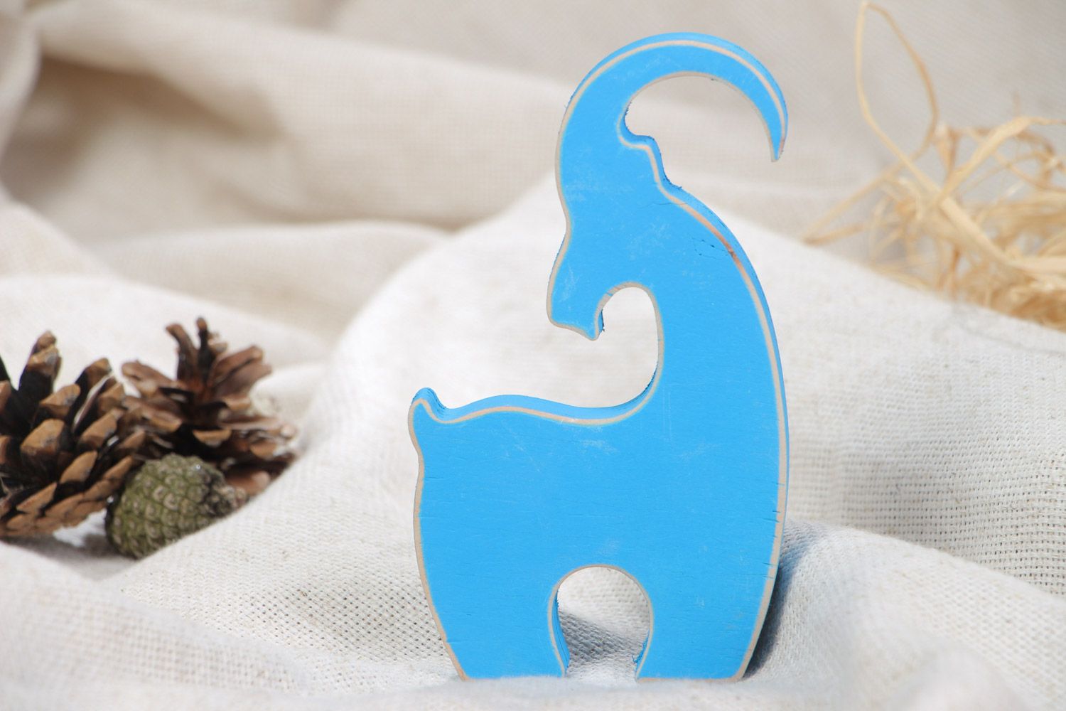 Handmade decorative small flat plywood figurine of goat of blue color photo 1