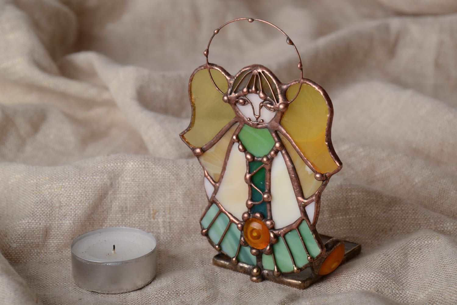 Handmade small tender stained glass candle holder Angel interior decoration photo 1