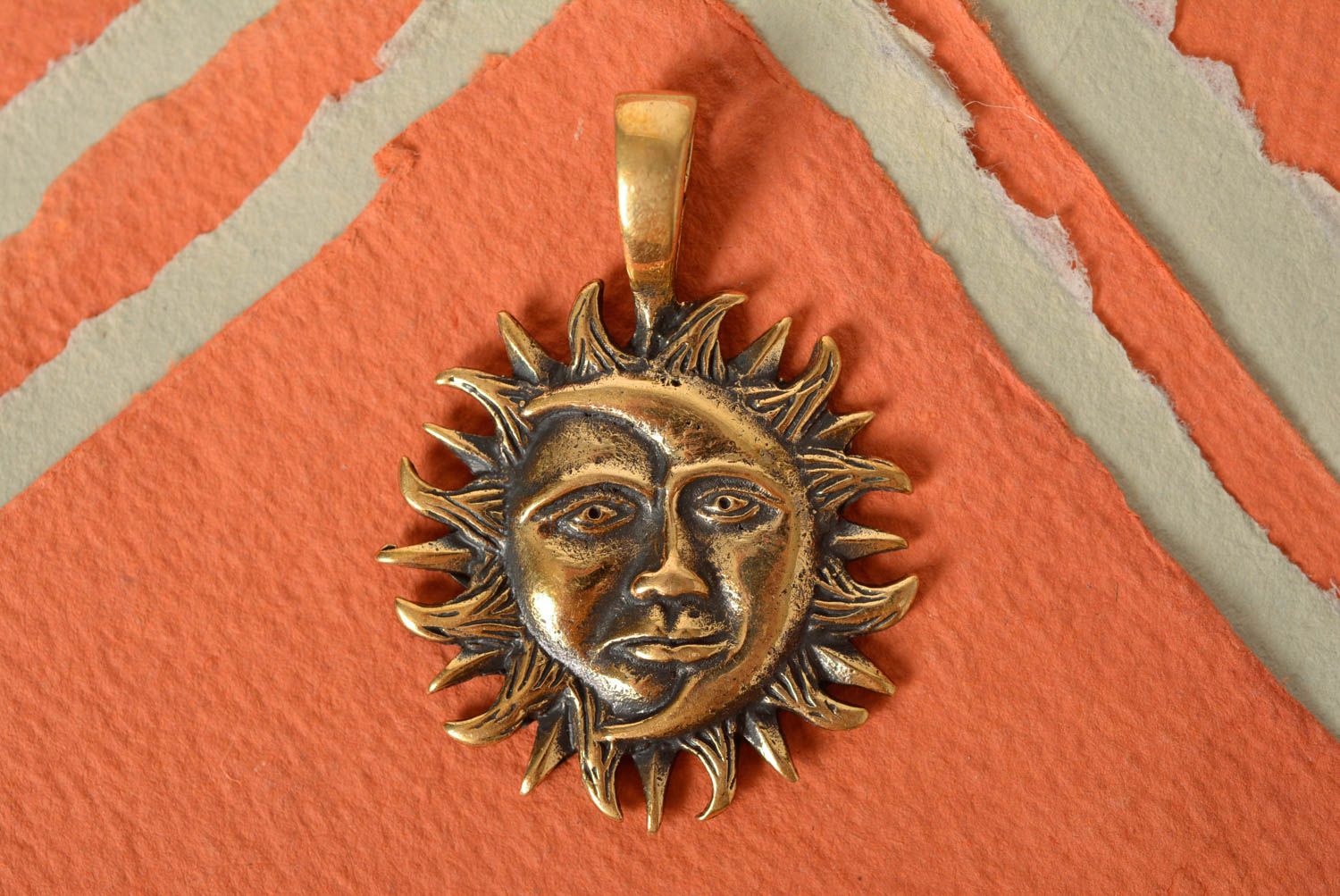 Unisex handmade designer neck pendant cast of bronze Moon and Sun photo 5