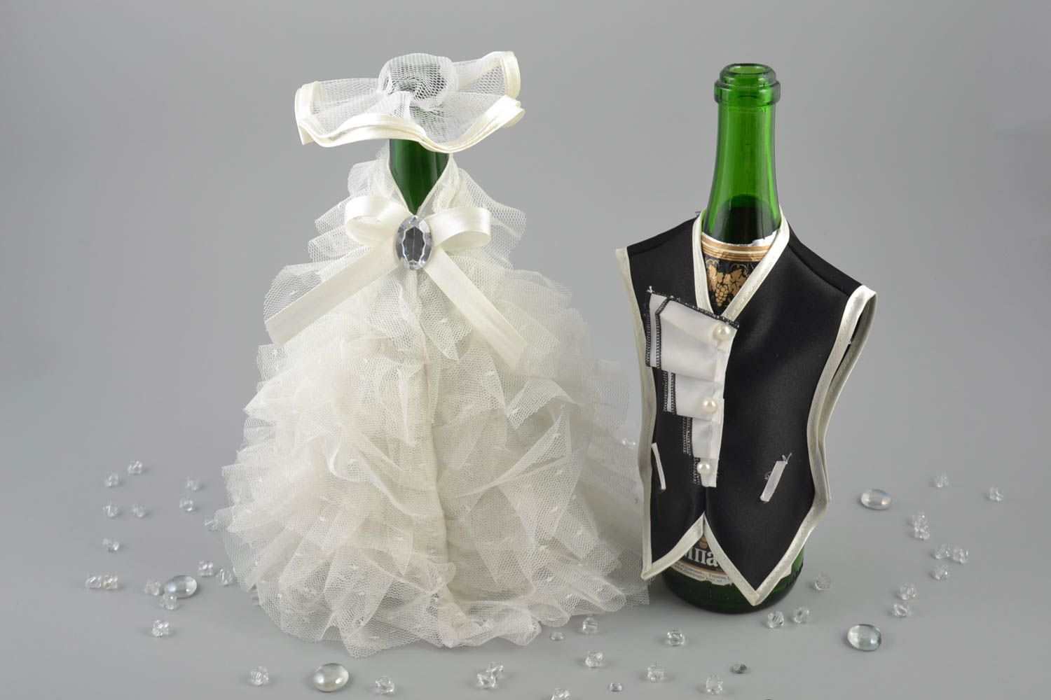 Handmade clothes for bottles in shape of suit and wedding dress made of satin photo 1