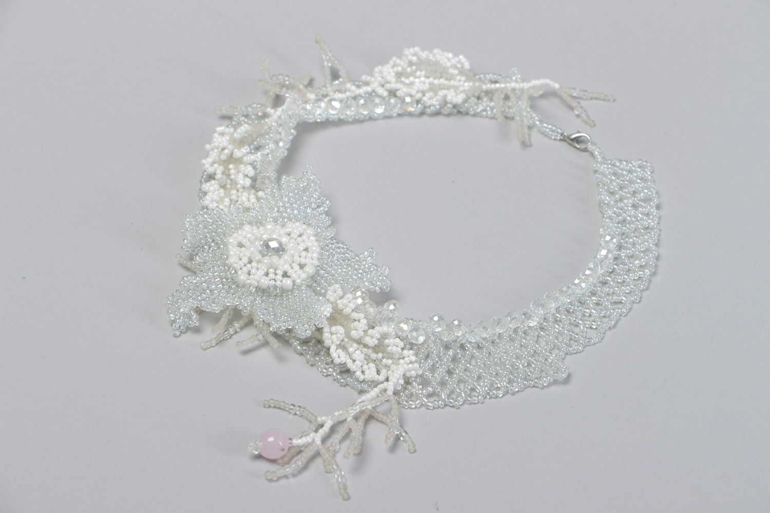 Handmade festive necklace woven of white seed and glass beads with flower photo 2