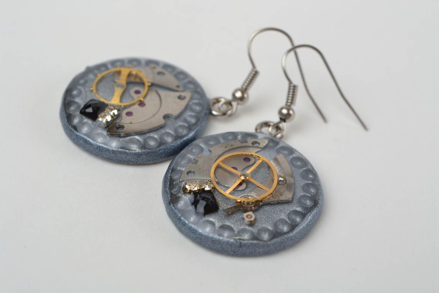 Beautiful handmade designer polymer clay round earrings in steampunk style photo 5