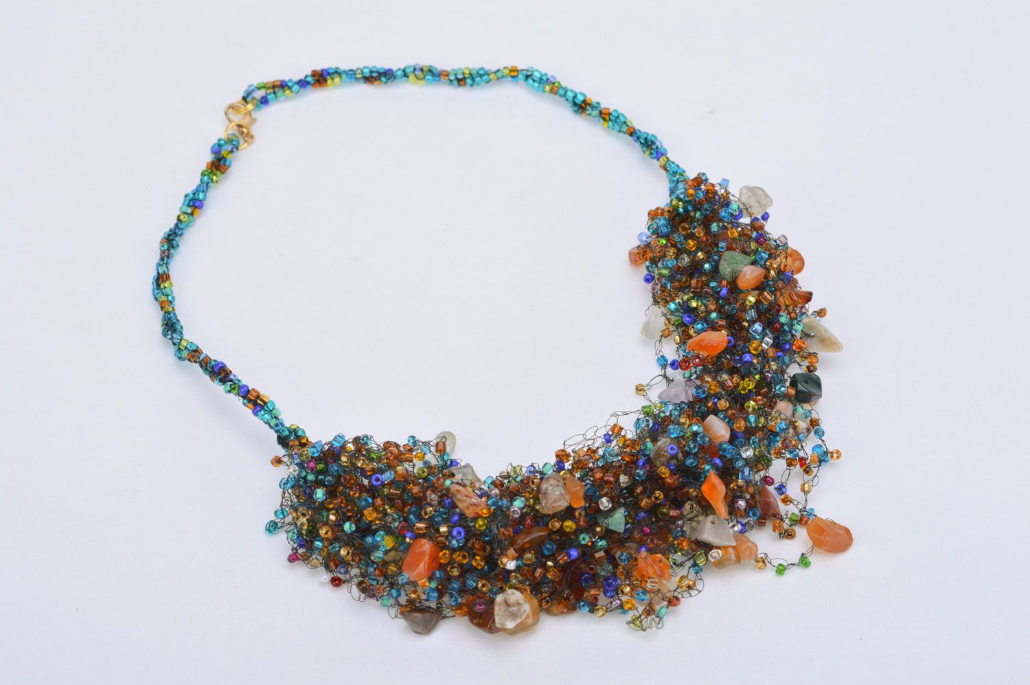 Stylish multi-colored handmade airy necklace woven of beads and gemstone photo 2