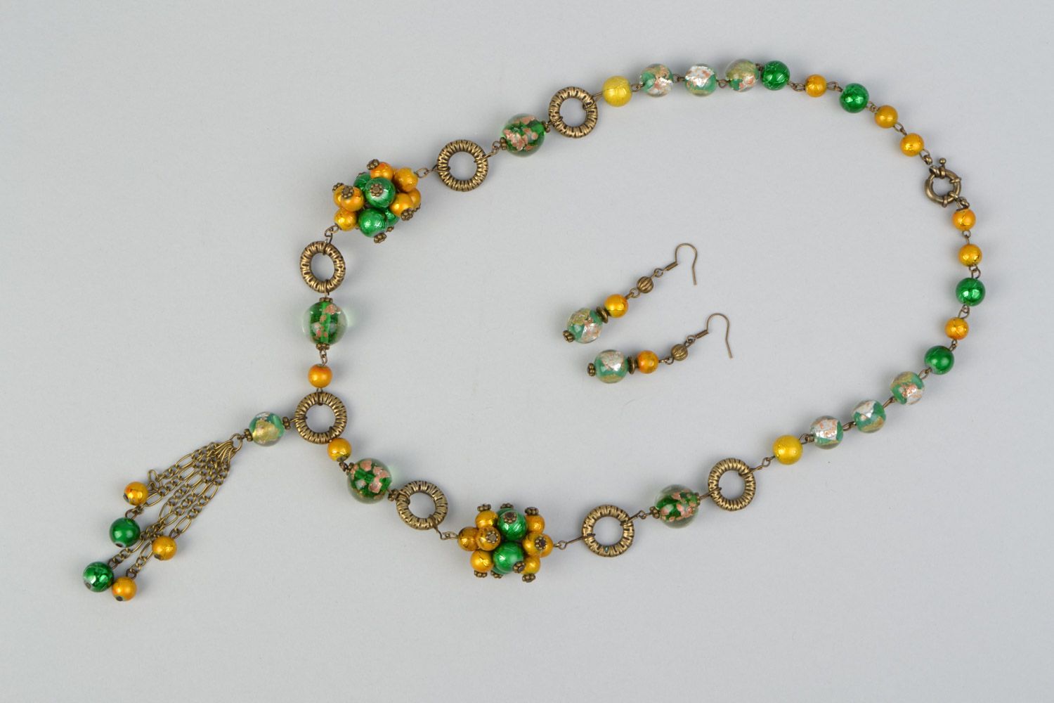Комплект украшений из стекла и керамики ручной работы зеленое с желтым фото 3