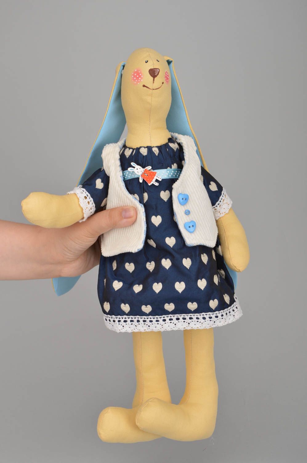 Handmade designer fabric soft toy rabbit in blue dress and white vest for kids photo 1