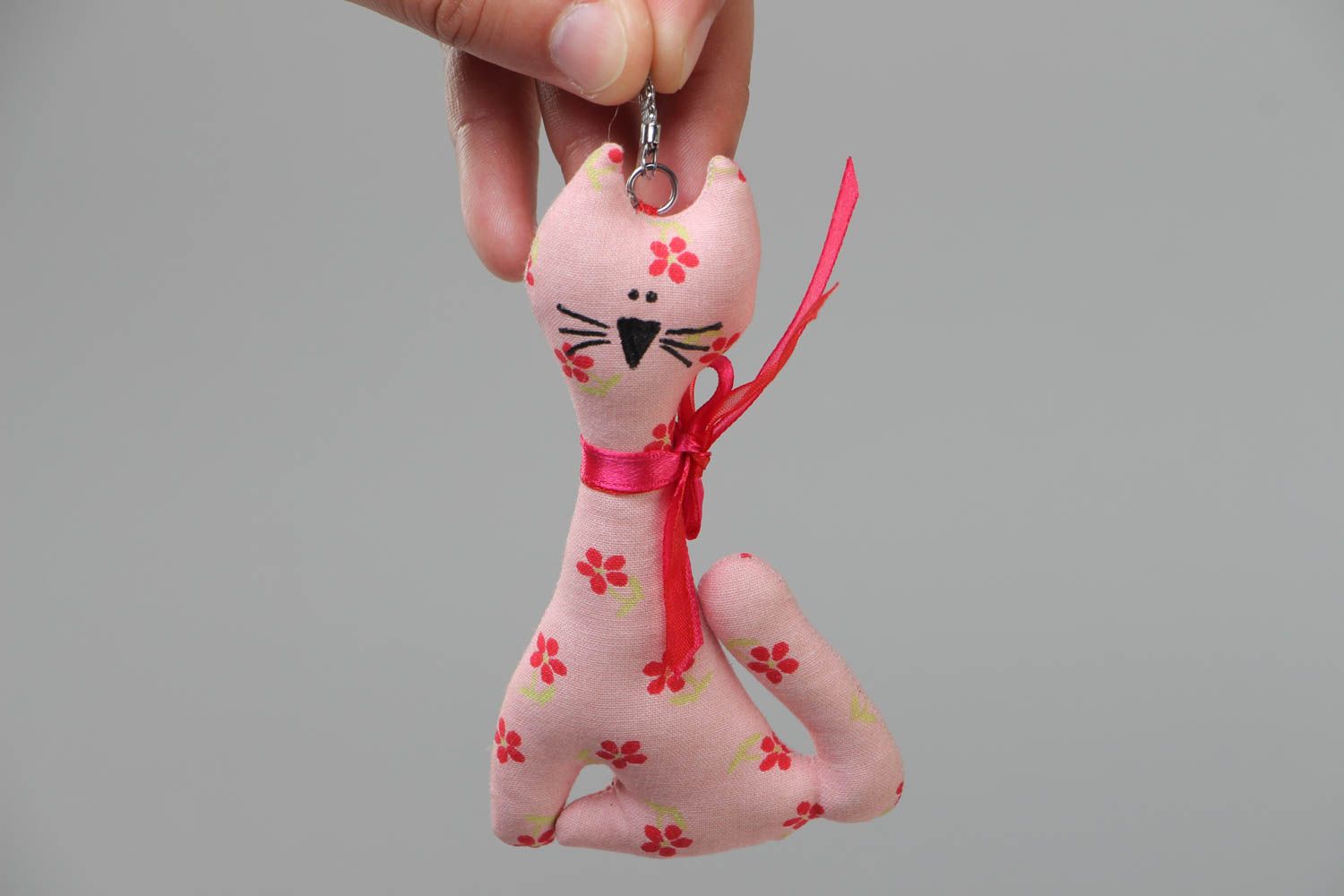 Handmade soft toy keychain sewn of pink polka dot cotton fabric in the shape of cat photo 5