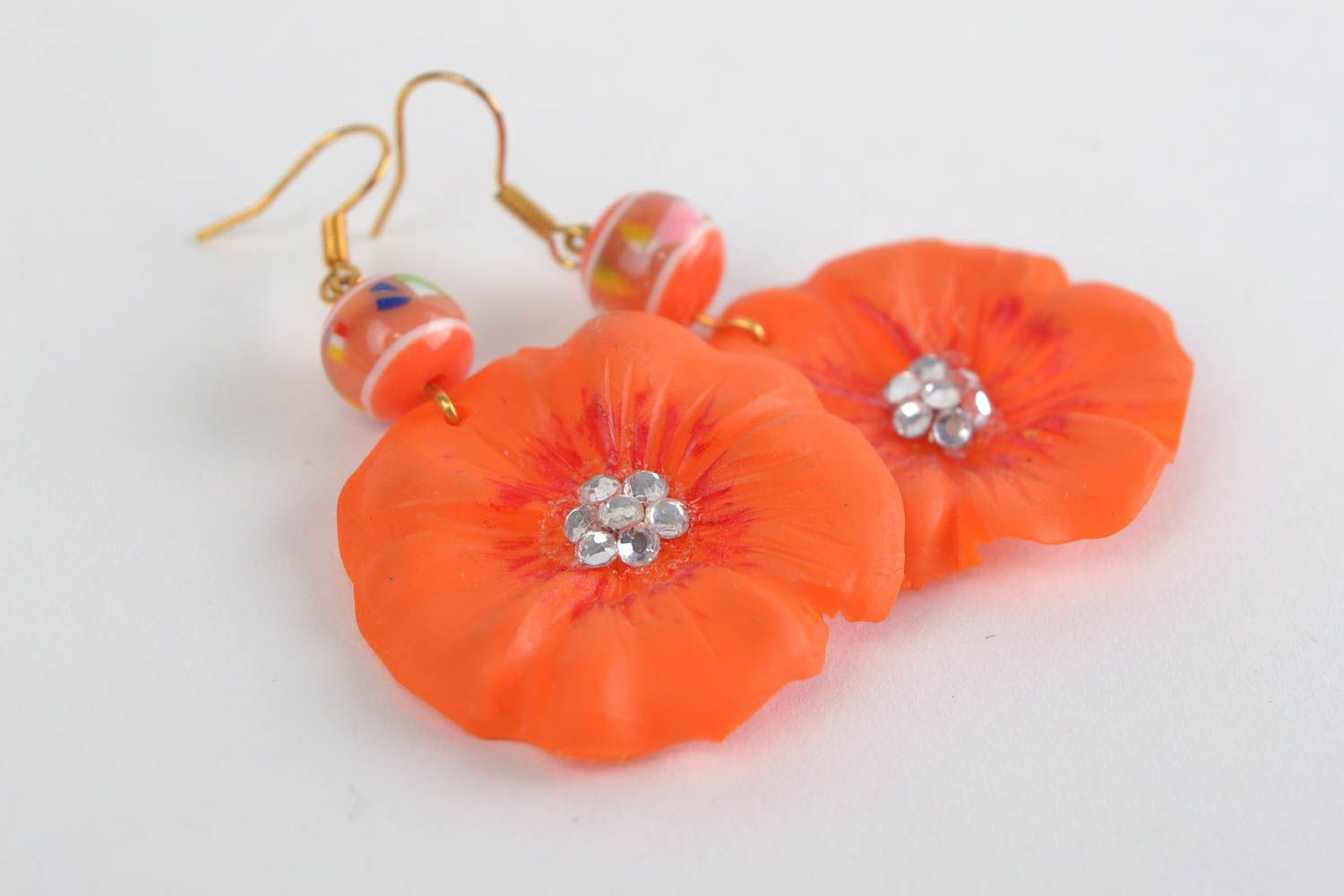 Bright orange handmade long polymer clay flower earrings photo 3