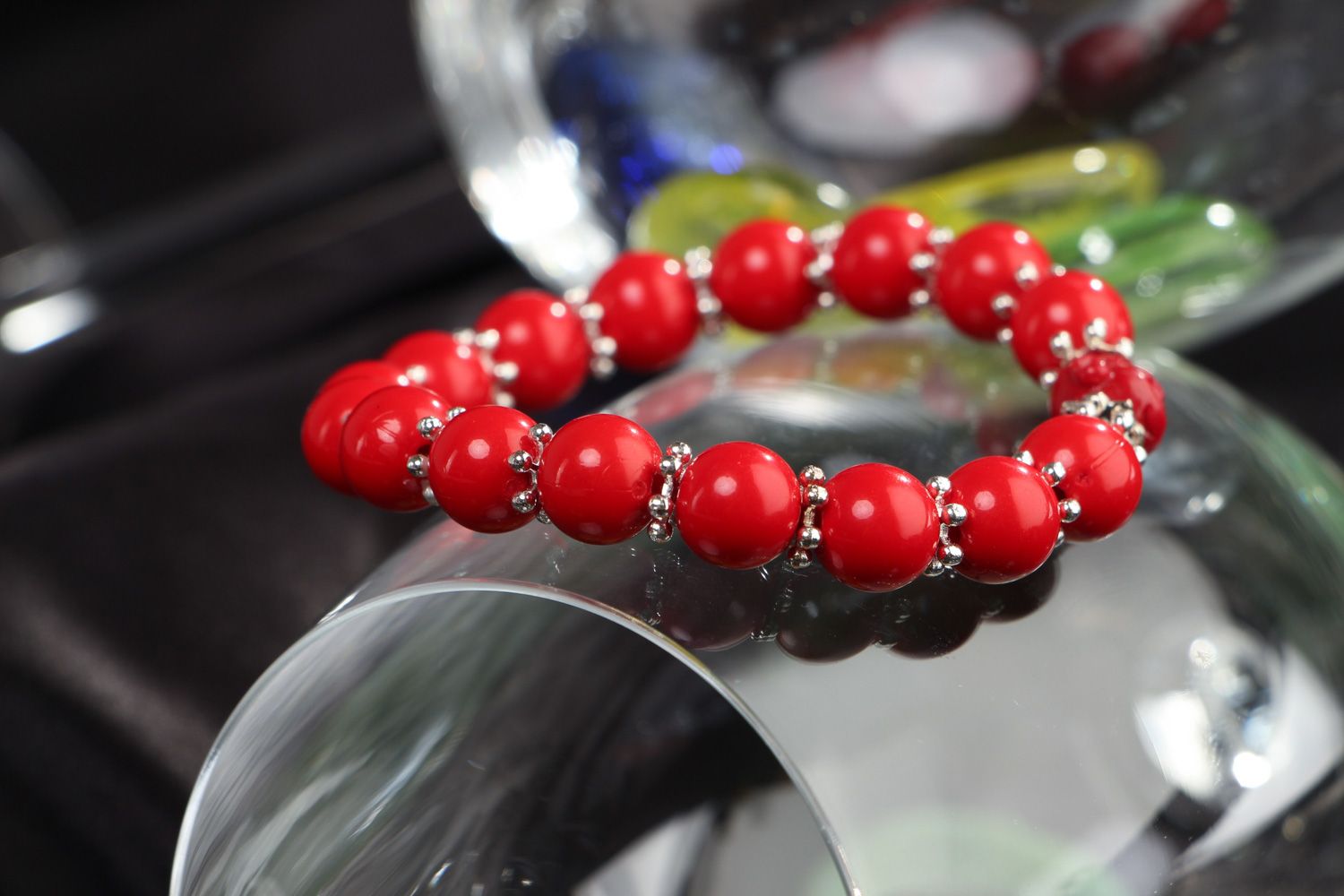 Handmade laconic stretch wrist bracelet with plastic beads of red color for women photo 4
