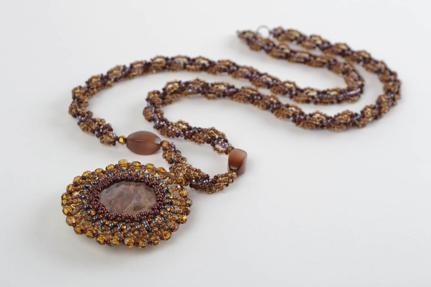 Handmade beaded pendant with natural stones long brown designer accessory photo 2