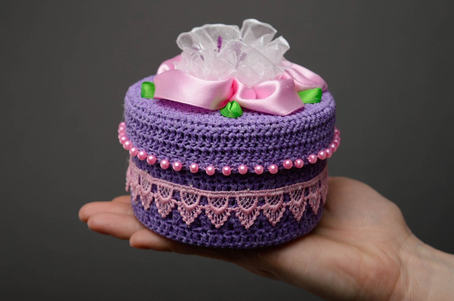 Coffret à bijoux décoré de dentelle et perles en plastique fait main violet photo 5