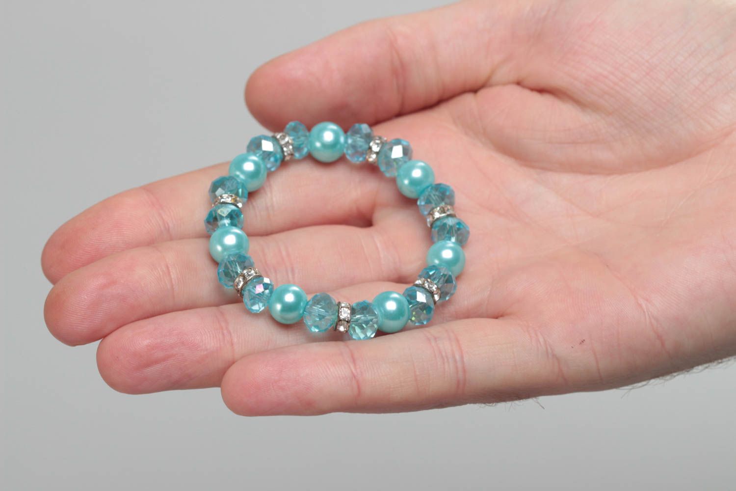 Blue children's handmade wrist bracelet with crystal and ceramic beads stretchy photo 5