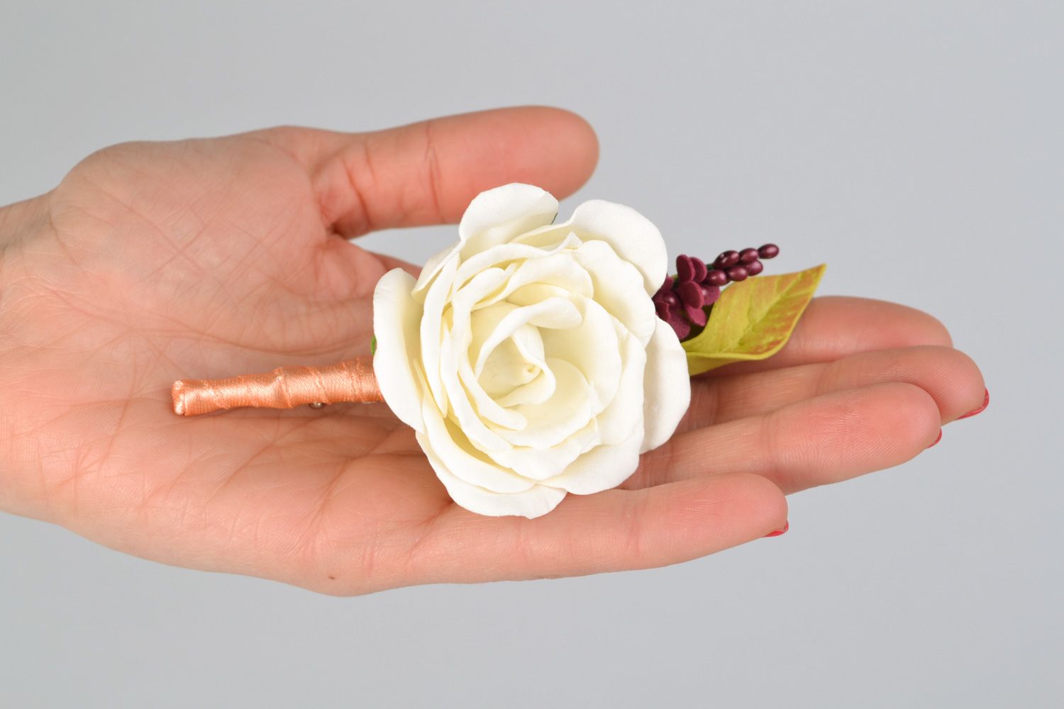 Handmade tender flower boutonniere made of foamiran white rose for groom photo 2