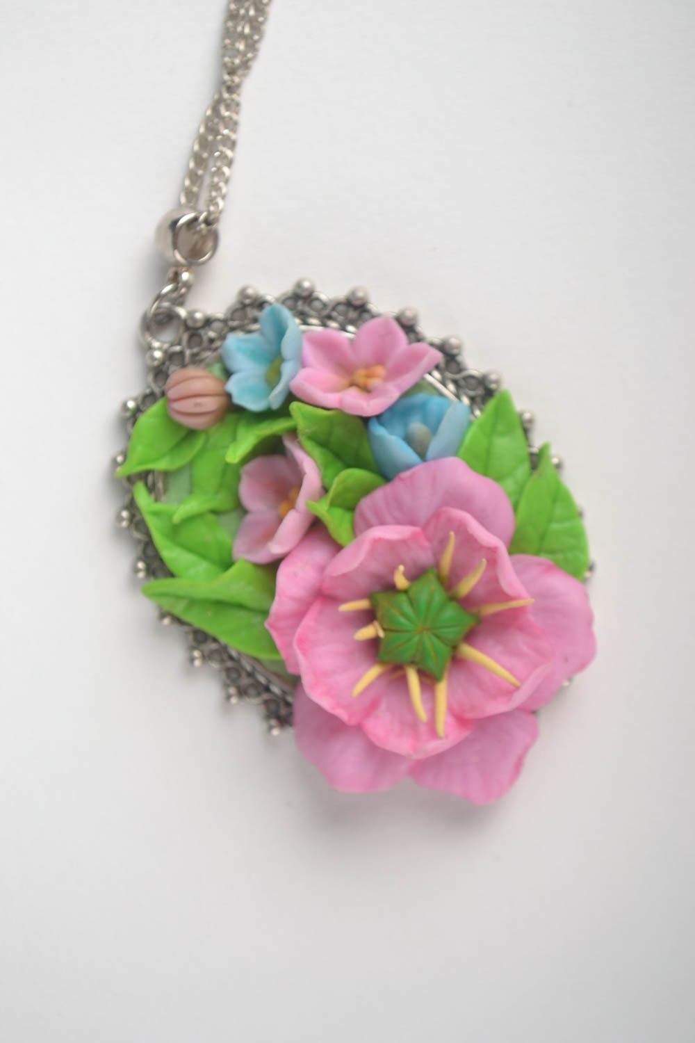 Handmade Porzellan Schmuck Blumen Anhänger Accessoire für Frauen mit rosa Blumen foto 3