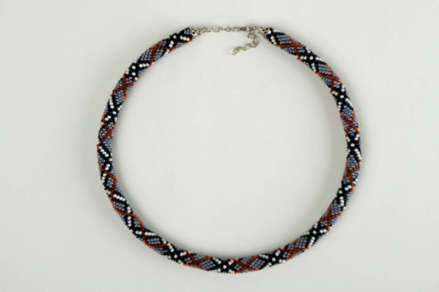 Handmade fashion jewelry beaded cord necklace crocheted gray accessory  photo 4