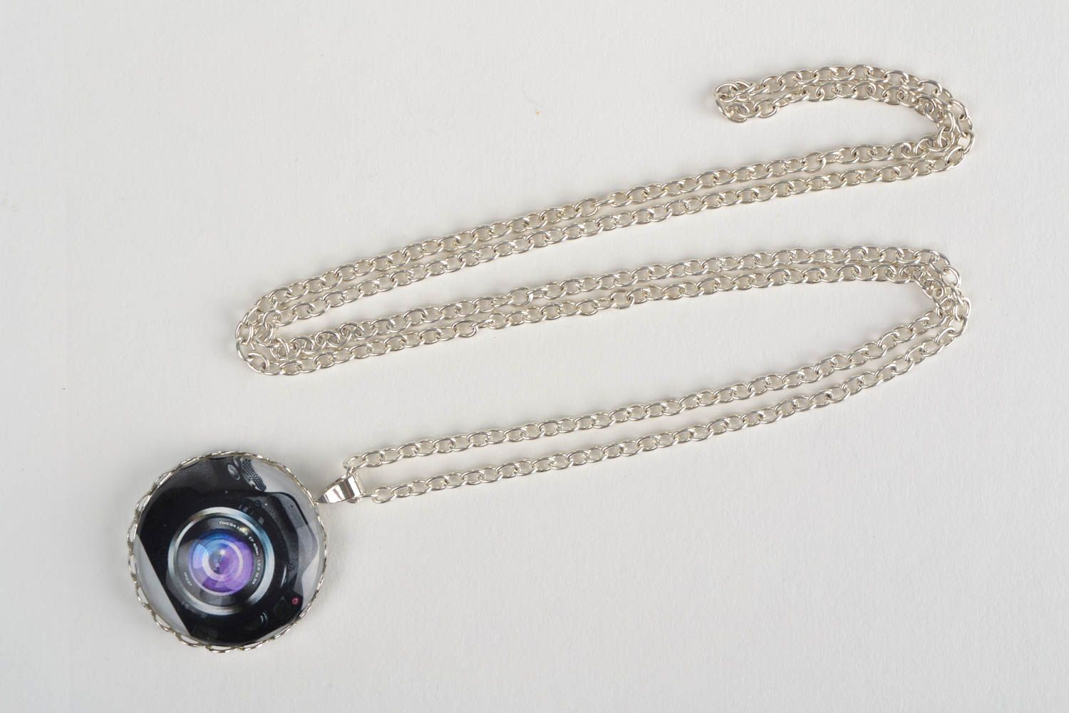 Handmade simple round glass pendant with image of photo camera on metal chain photo 3