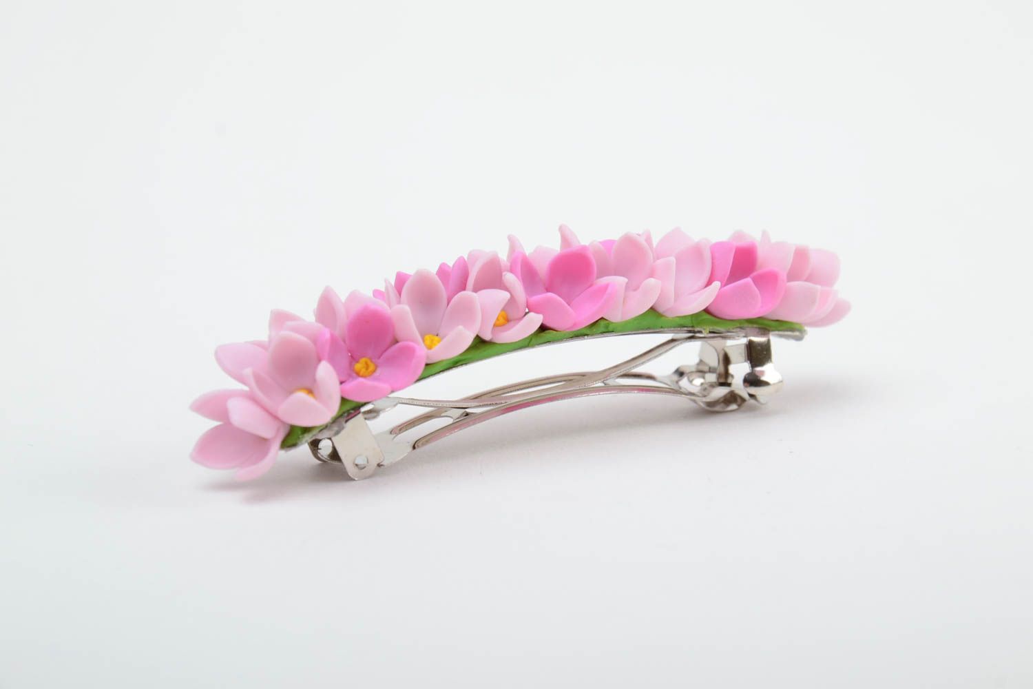 Handmade decorative hair clip with tender pink cold porcelain flowers for girls photo 4