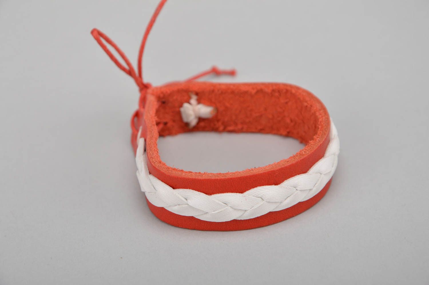 Handmade designer red leather bracelet with white leather braid for women photo 4