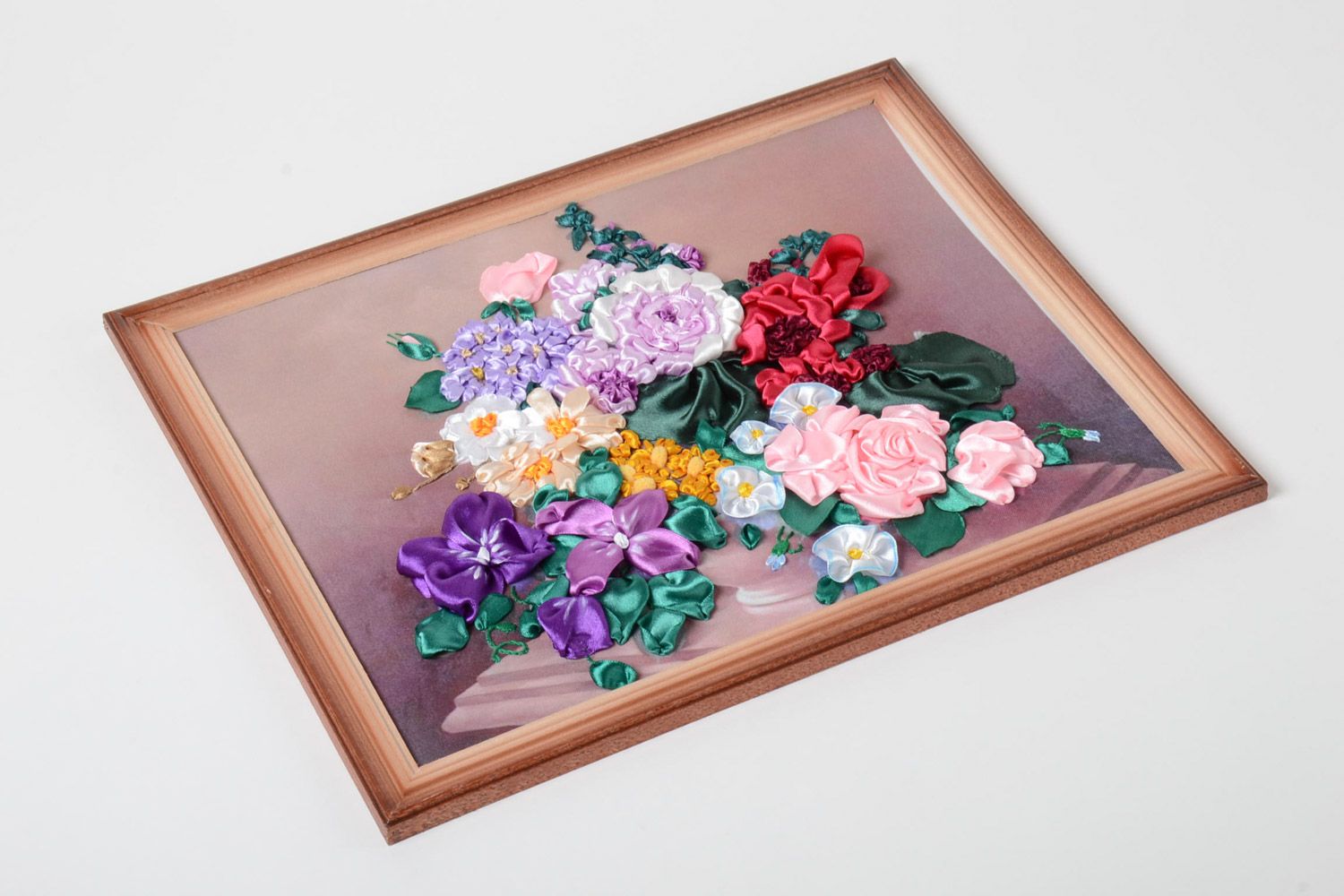 Handmade satin ribbon embroidery with flowers still life in a wooden frame photo 2
