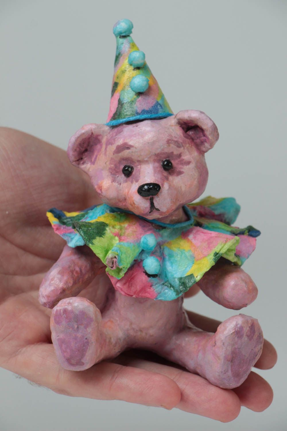 Small handmade designer painted paper mache figurine of bear clown photo 5