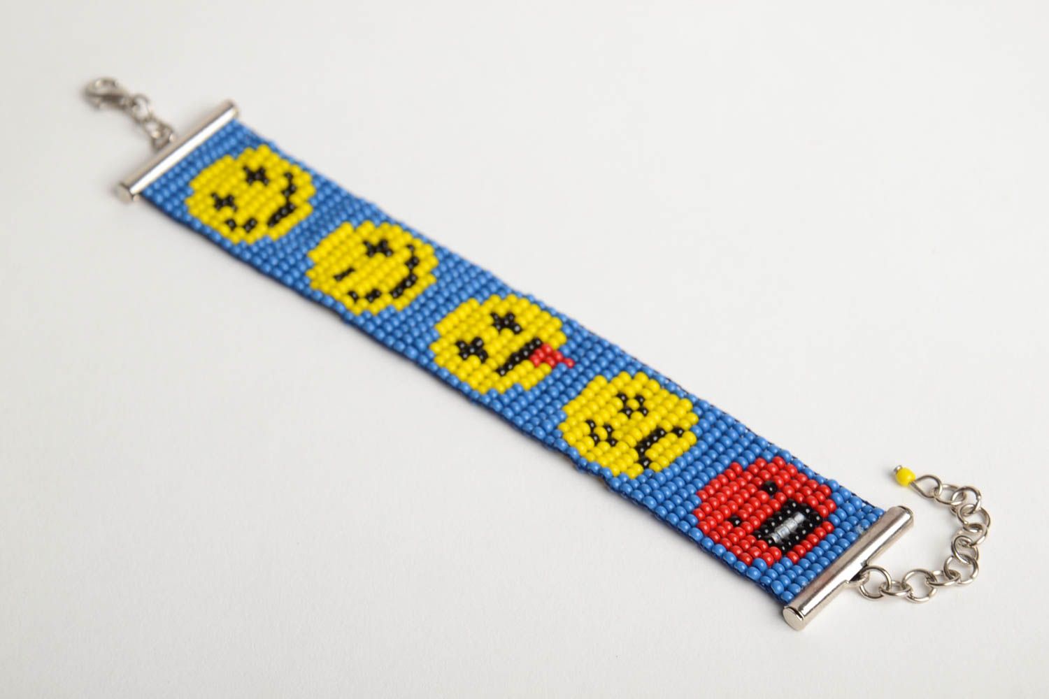 Funny colorful yellow and blue beads woven wrist chain bracelet with a smiley pattern photo 3