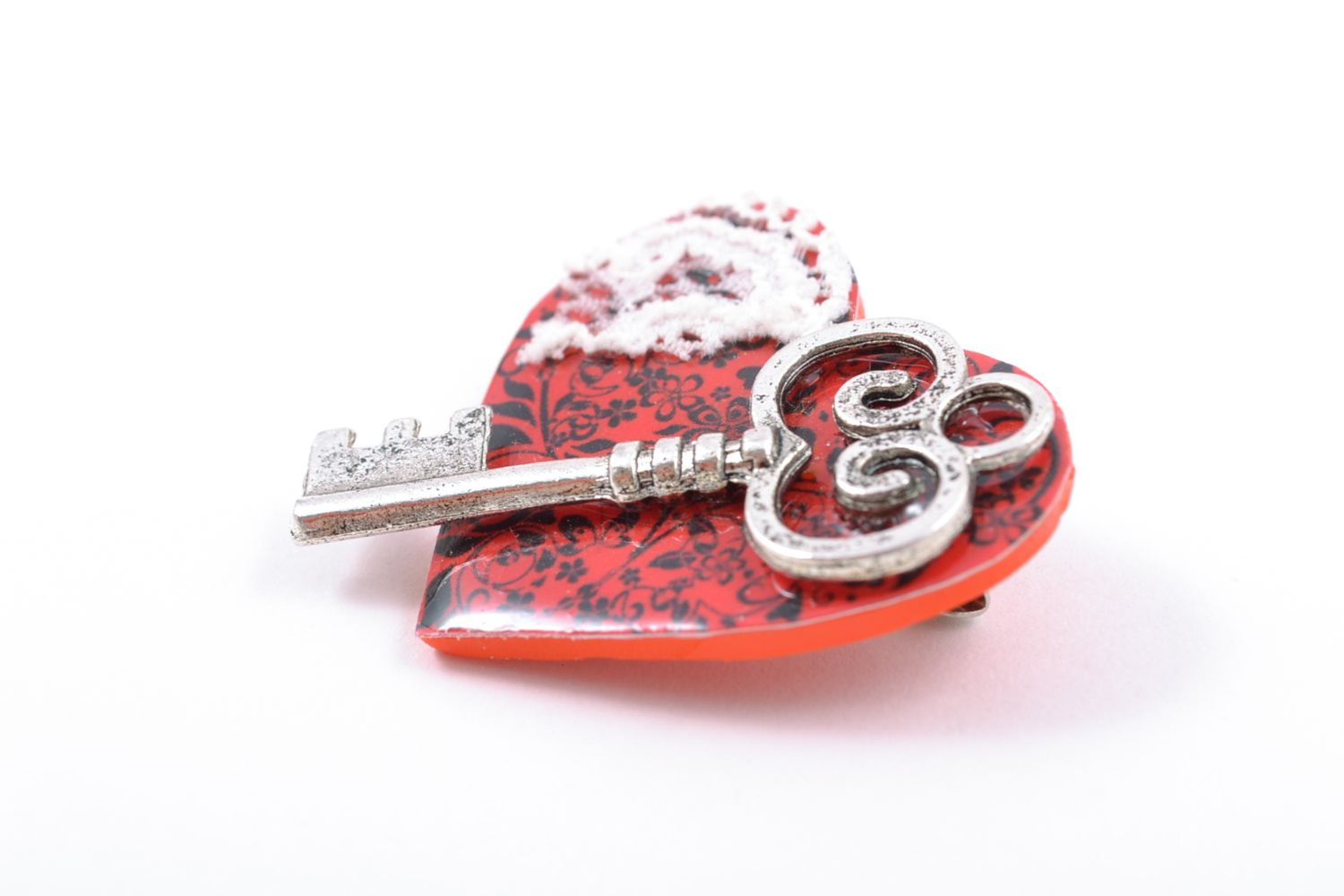 Polymer clay brooch Heart with Key photo 4