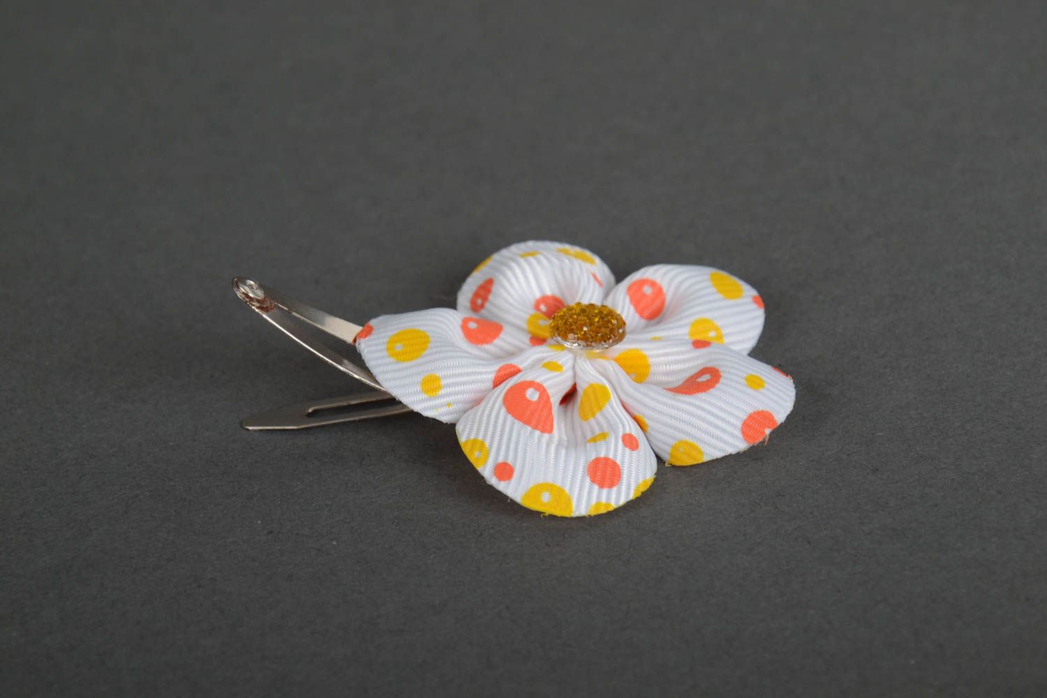 Handmade decorative hair clip with small ribbon flower with rhinestone photo 2