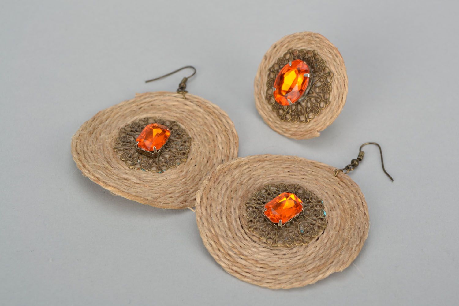 Handmade jewelry set of woven earrings and a ring photo 2