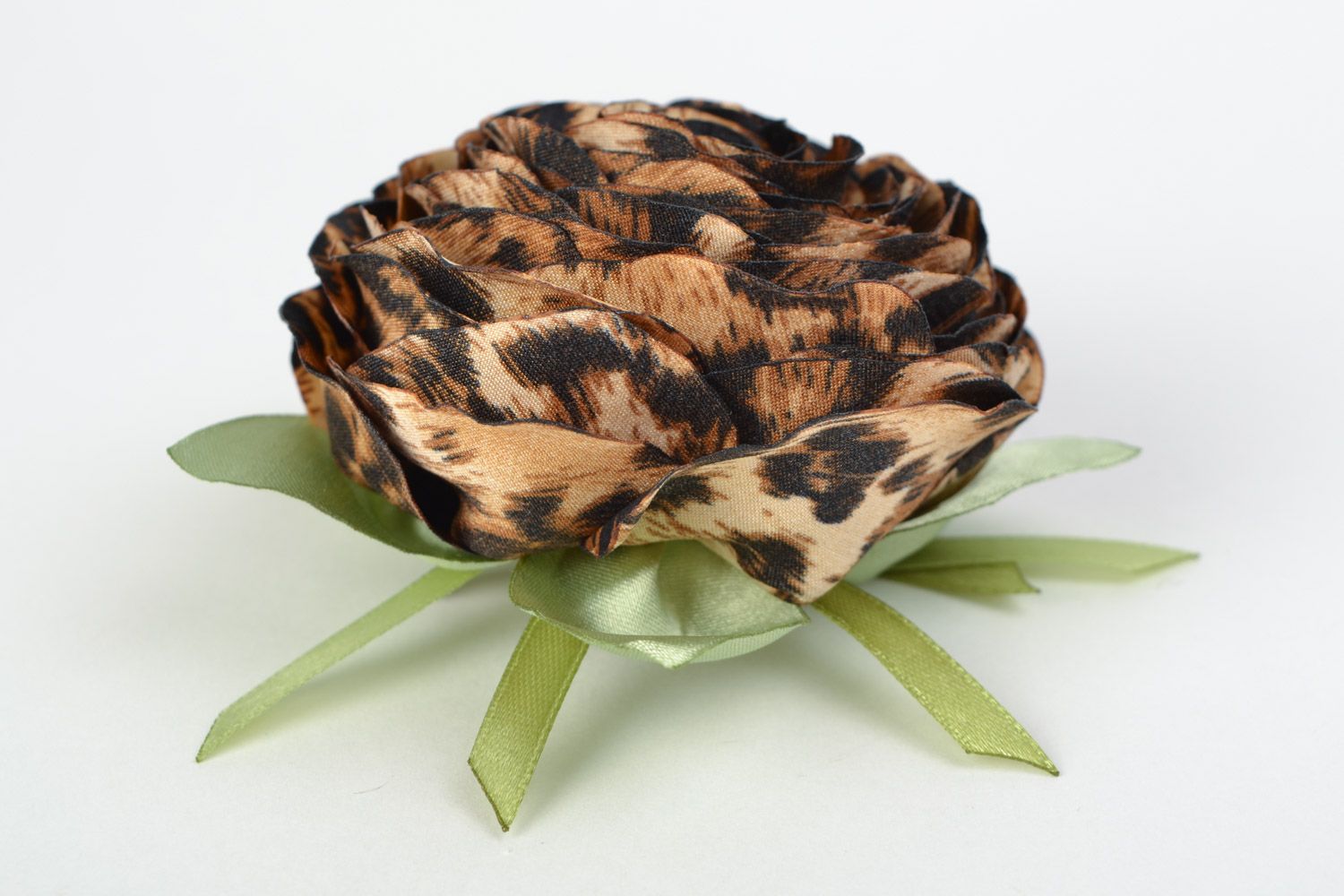 Homemade textile satin fabric flower brooch hair clip with animal print in the shape of rose photo 5