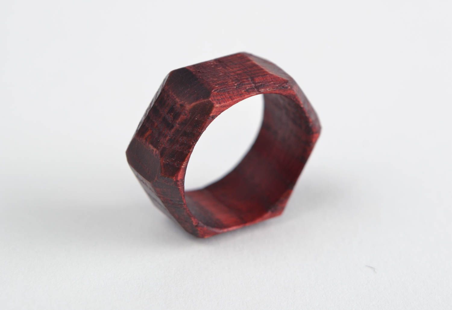 Handmade laconic designer jewelry ring carved of natural oak wood of red color photo 4
