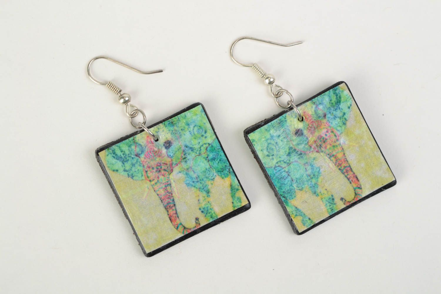 Beautiful bright designer handmade plastic square earrings with decoupage Gardens photo 3