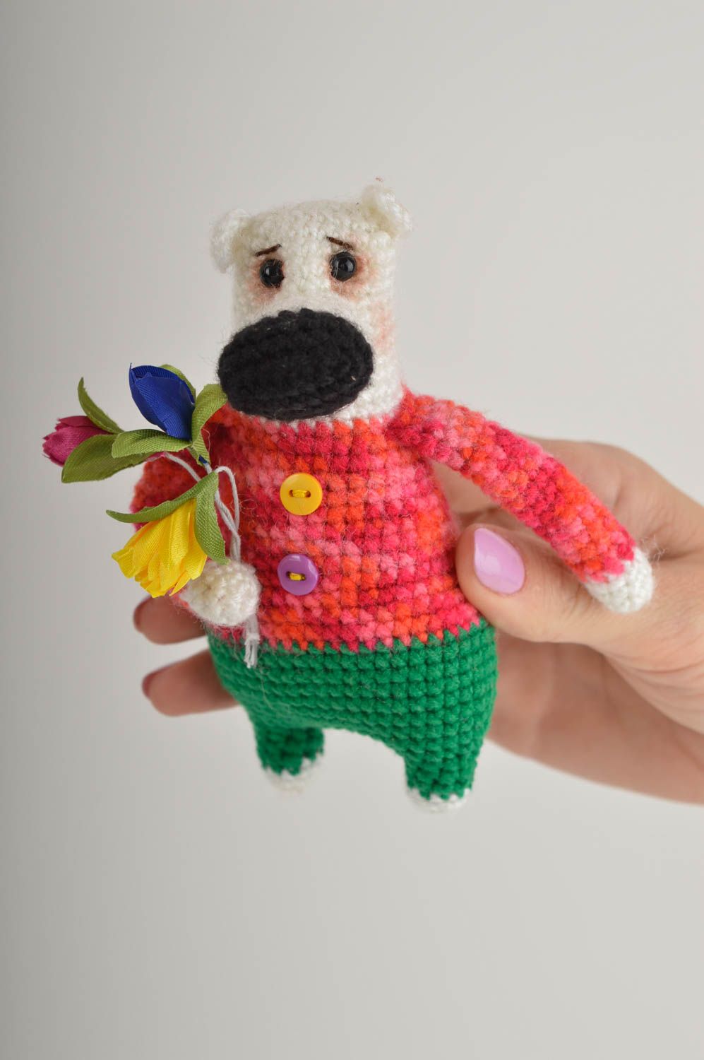 Jouet ours avec bouquet Peluche faite main tricotée Cadeau pour enfant photo 5