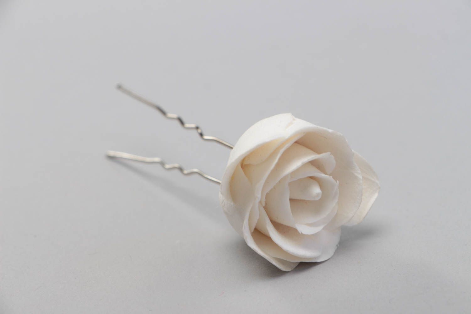 Beautiful homemade designer polymer clay flower hairpin with white rose photo 2