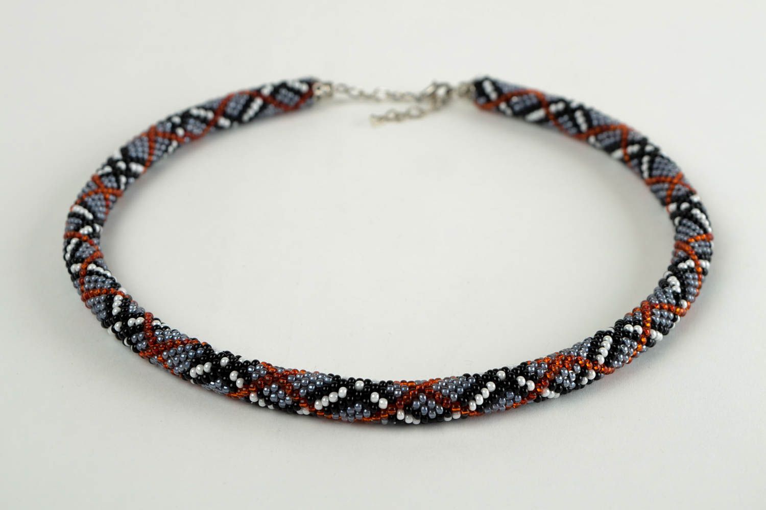 Handmade fashion jewelry beaded cord necklace crocheted gray accessory  photo 3