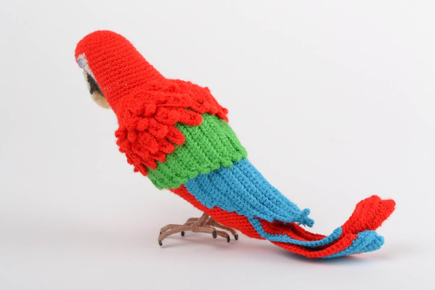Handmade designer soft toy crocheted of colorful acrylic threads red parrot photo 5