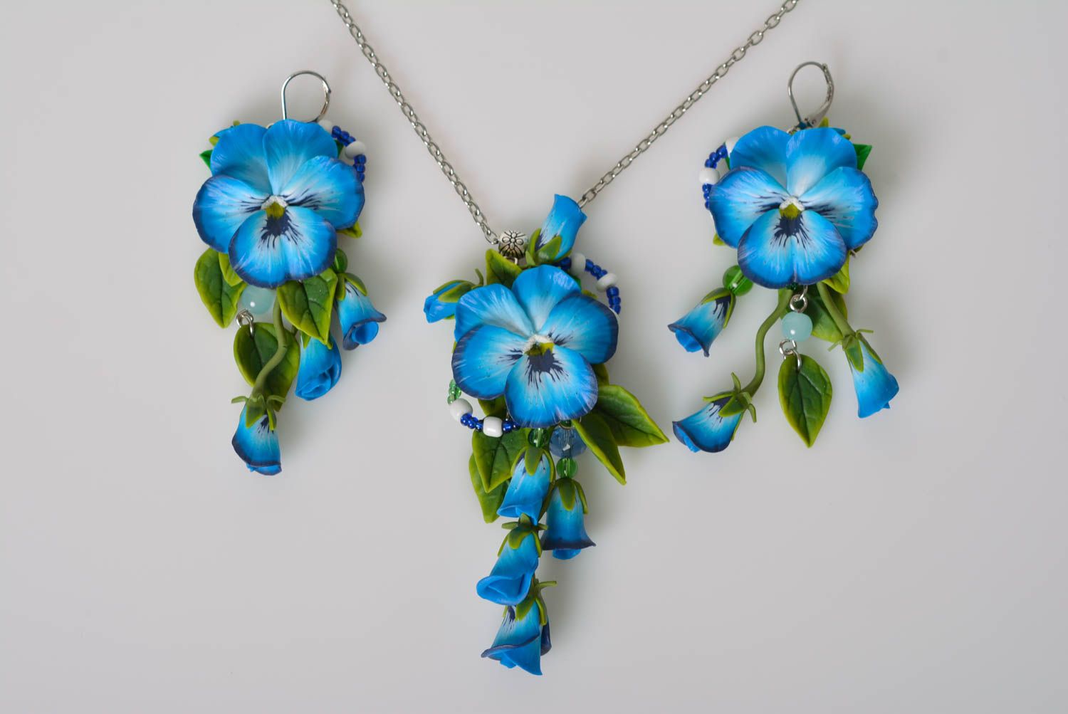 Beautiful polymer clay flower jewelry set designer pendant and earrings photo 5