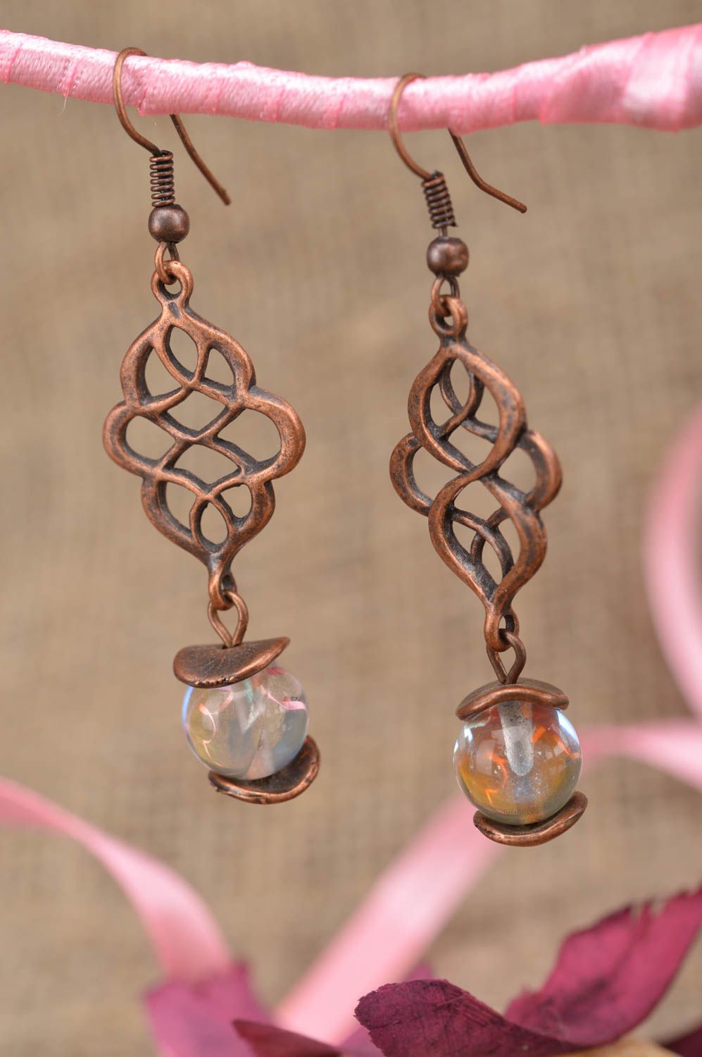 Handmade openwork stylish beautiful long earrings made of metal with beads photo 1