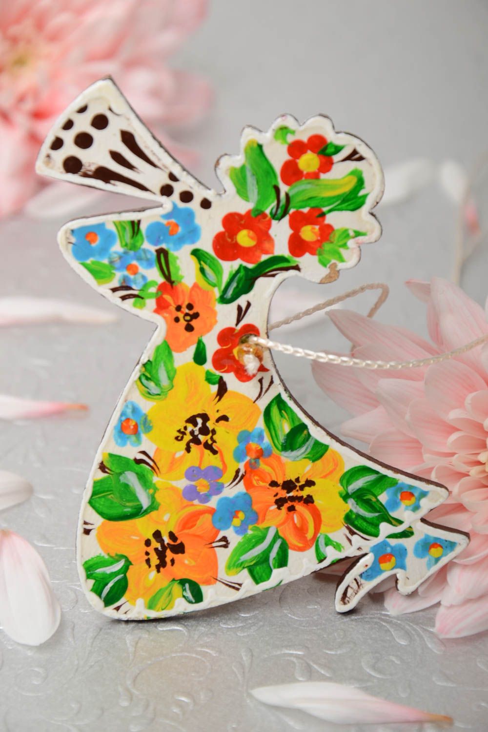 Suspension décorative en bois multicolore à motif floral faite main Fille photo 1