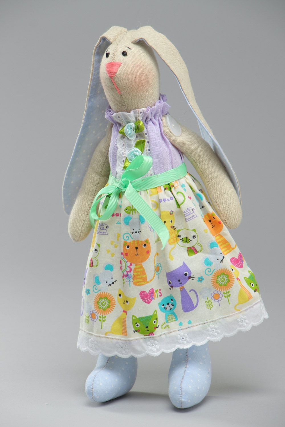 Handmade beautiful soft toy rabbit with long ears sewn of cotton fabric photo 2