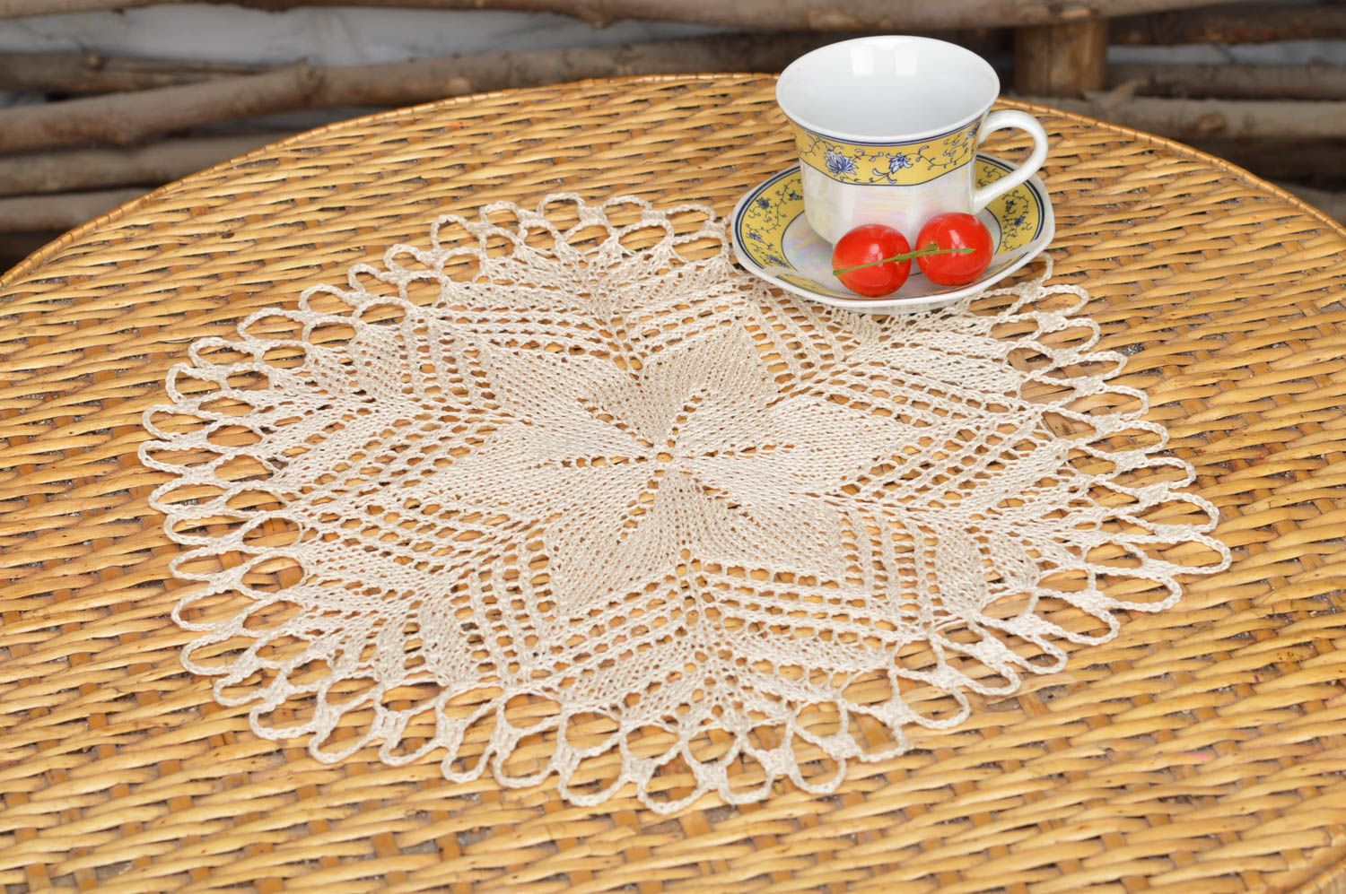 Beautiful cream colored handmade decorative crochet lace napkin for decor photo 1