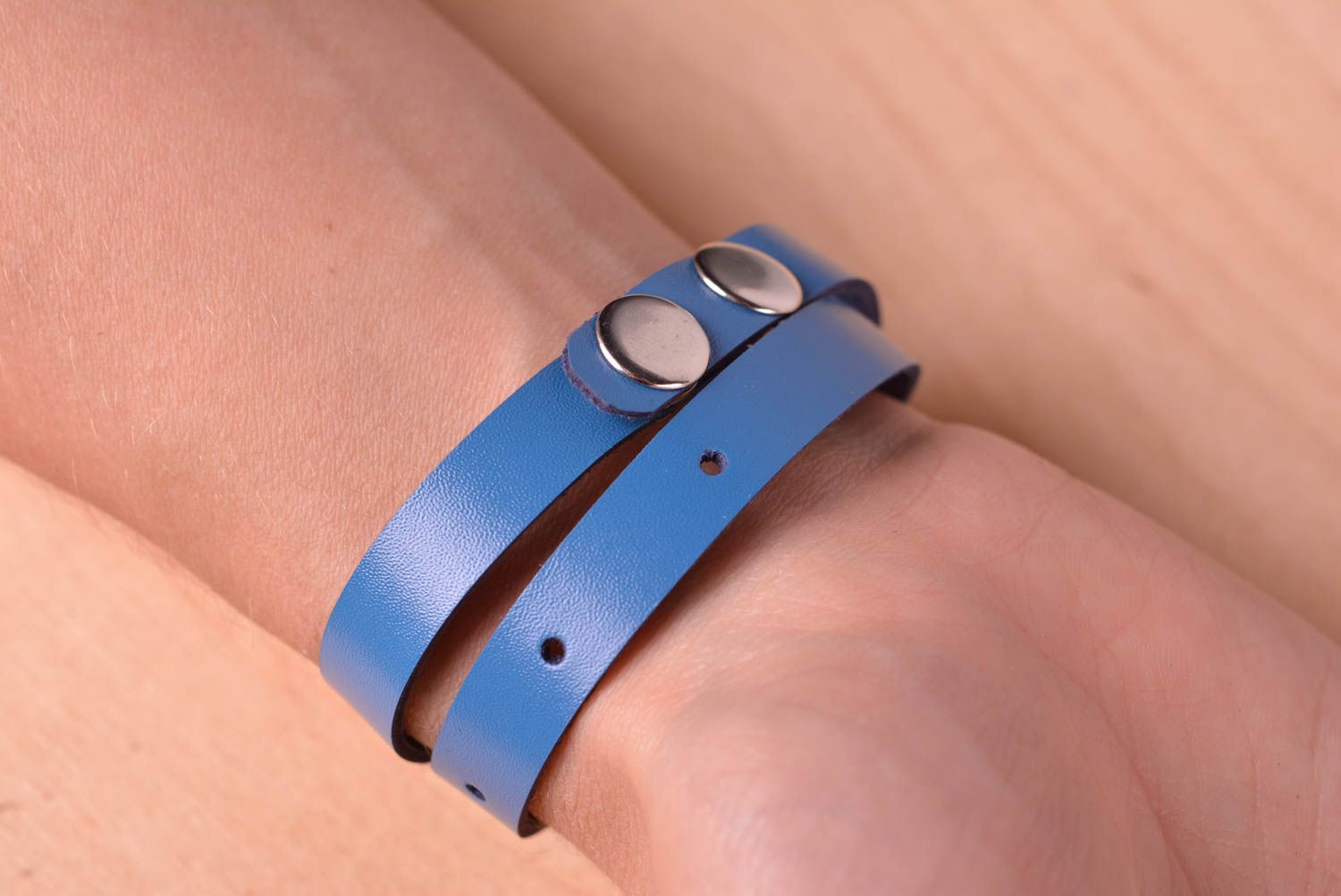Handmade designer wrist bracelet unusual leather bracelet blue accessory photo 5